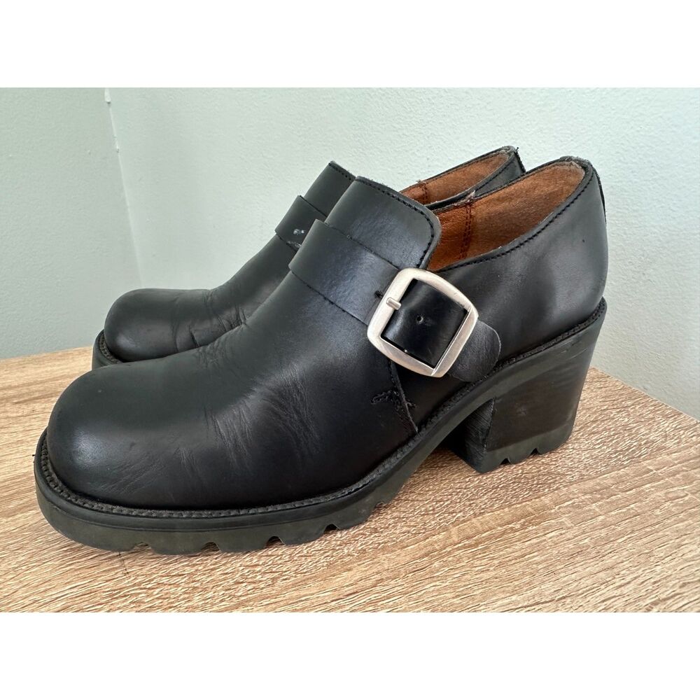 Vintage Nine West Black Leather Chunky Monk Strap Loafers Lug Block Heel Sz 6.5